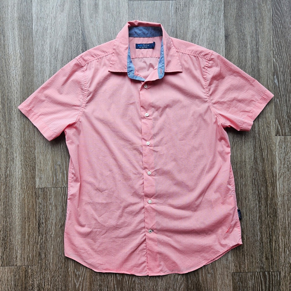 Navtech by Nautica Mens Short Sleeve Gingham Button Down Shirt Orange White L
